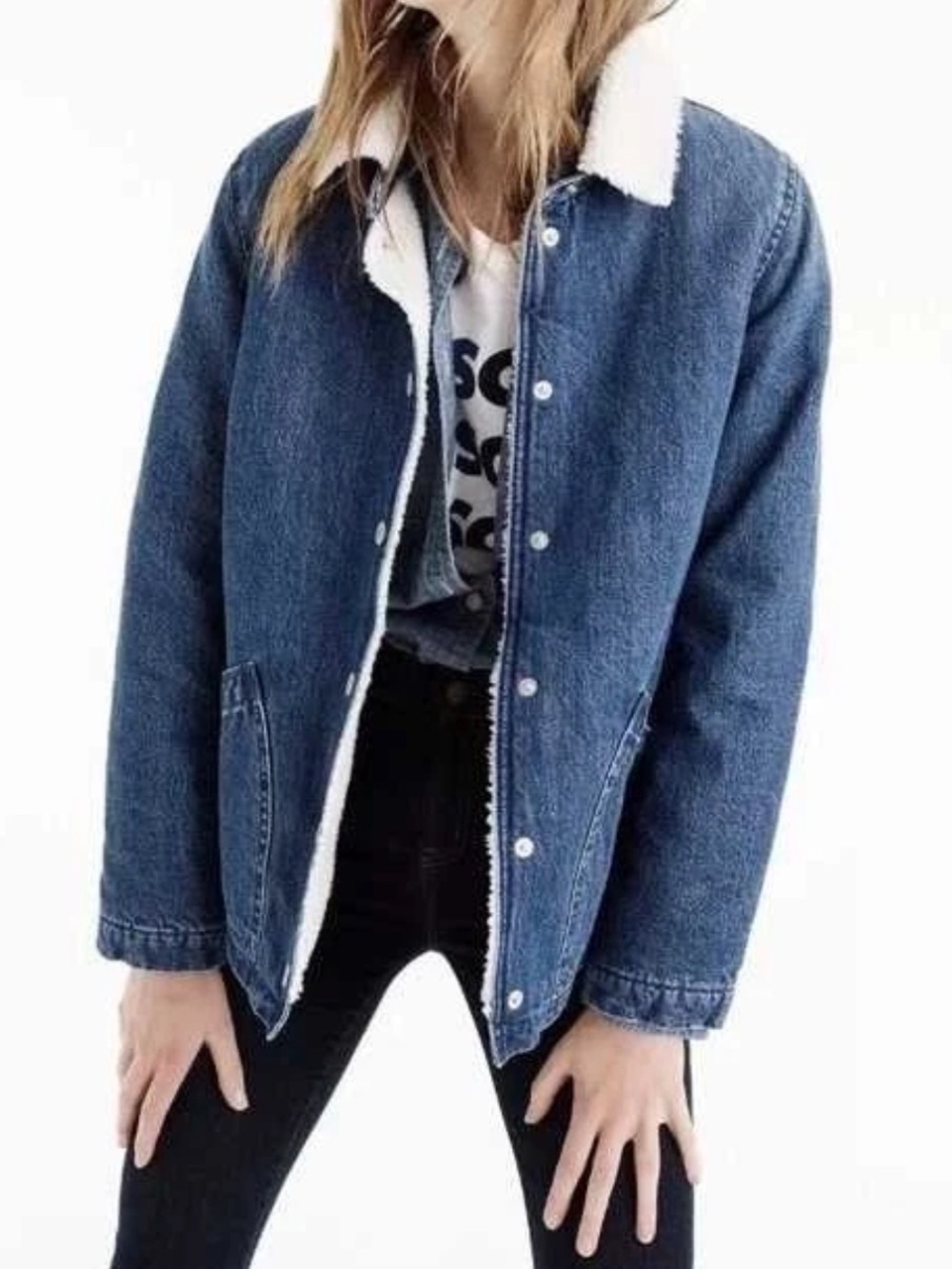 J CREW DENIM SHERPA SWING JEAN JACKET chore pockets barn